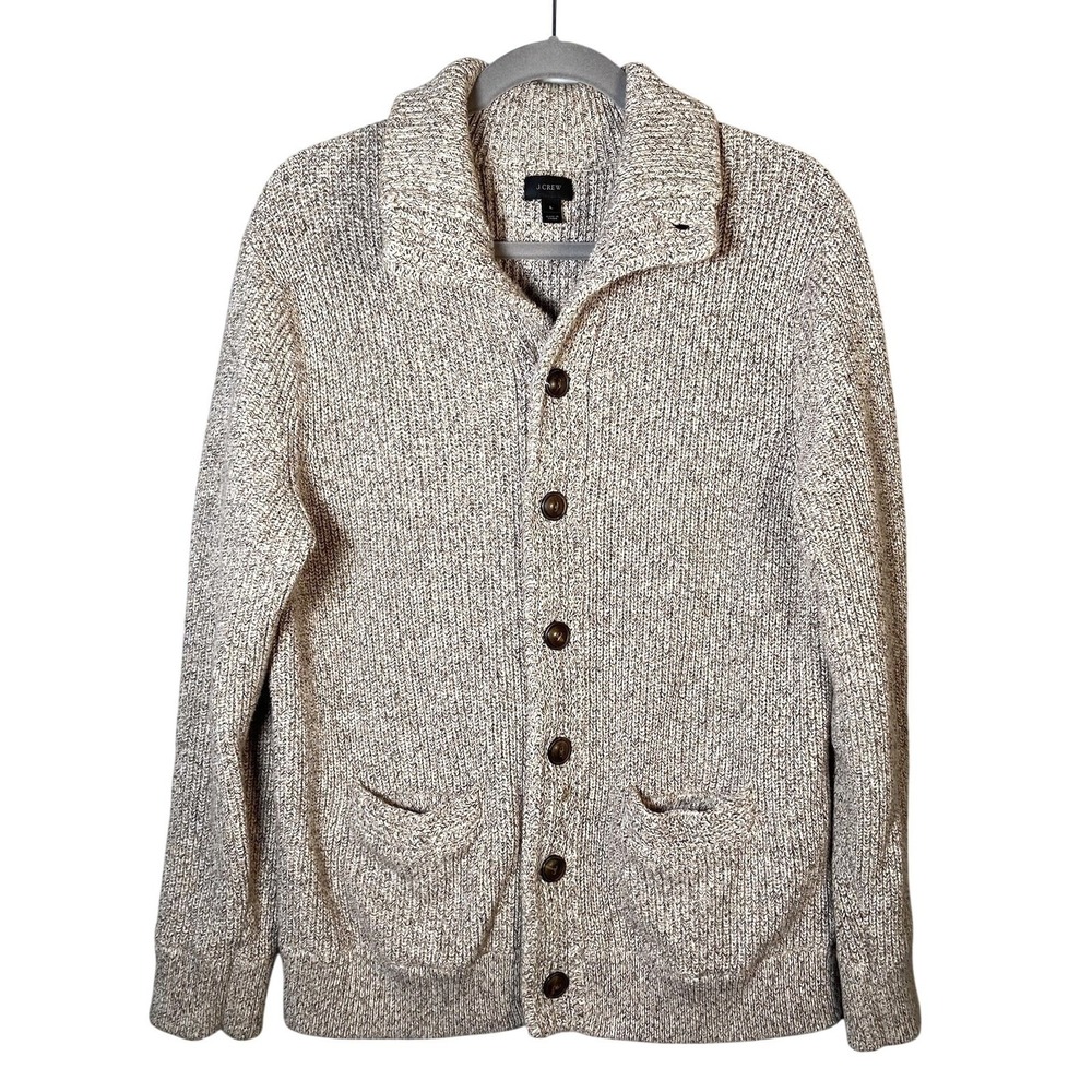 J.Crew Cotton Cardigan Mens L Oatmeal Marled Knit Button Front‎
